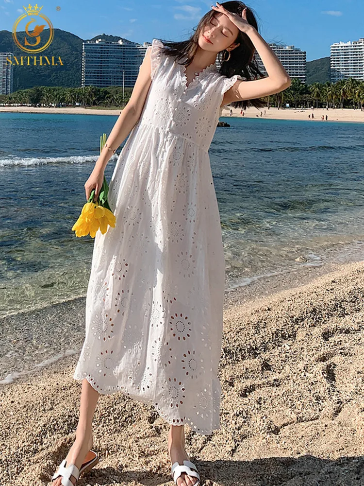 

SMTHMA 2022 New Arrival Sleeveless White Lace Hollow Out Embroidery Dress Ladies Temperament Sweet Summer Long Dresses