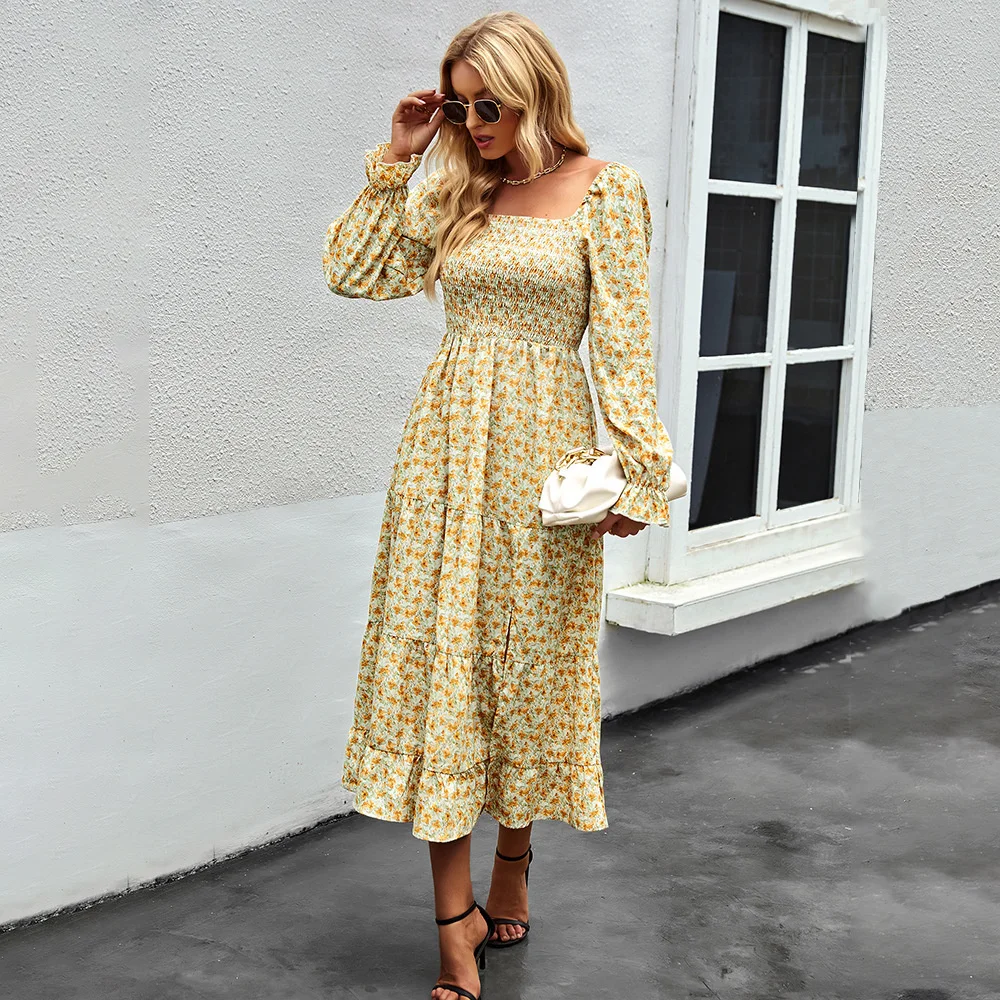 

Casual elegant slim sexy 2023 new dress, new fashion style square neck split dress elegant spring and autumn Four Seasons Women