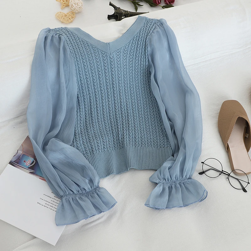 Patchwork Lace Puff Sleeve knit Blouse Pullover Shirts Women V-Neck Autumn Rib Knitted White Sweater Tops Sexy Vintage Tees