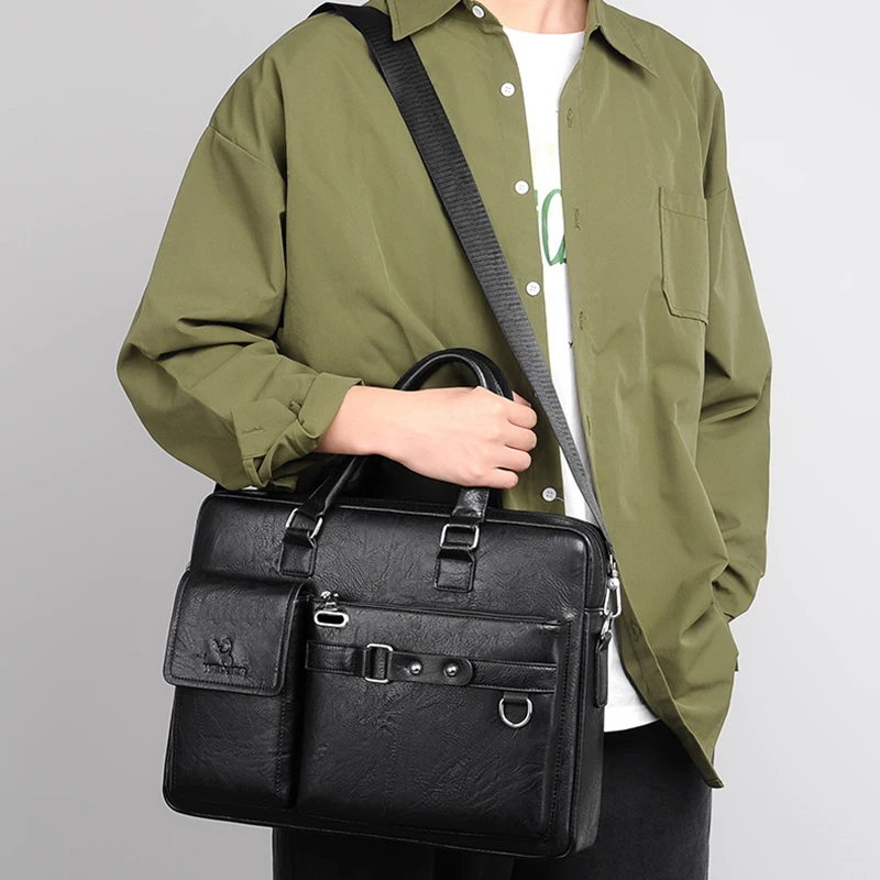 Leather Briefcase Bag for Man A4 Documents Designer Handbag Computer Laptop 14 Shoulder Business Messenger Tote Crossbody Bag