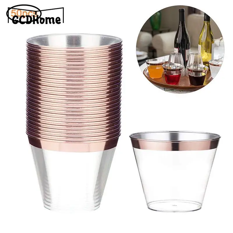 

50PC Plastic Cup 9 oz Hard Disposable Cup Plastic Wine Glass Party Wedding Wine Glass Transparent Plastic Cup With Gold Rim