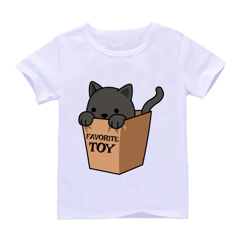 Unisex Summer Girls T-Shirts Cute Cat In A Box Tops Boy Tshirt Kawaii Kitty Nice Round Neck Kids Top Drop Shipping Clothes