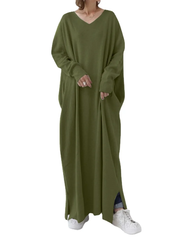 

Женское длинное платье-макси с длинным рукавом и V-образным вырезом