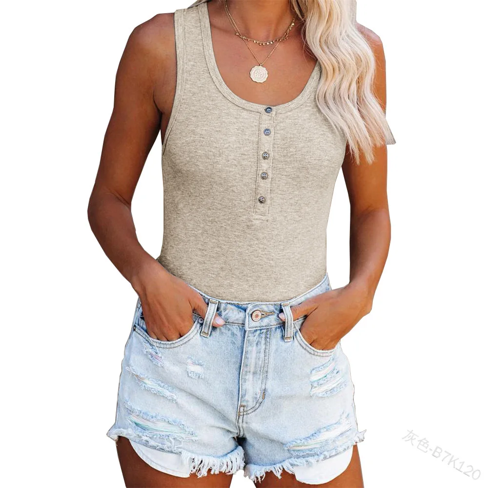 

2022 Vest Women's Base Top Tank Sleeveless Slim Round Neck Solid Color Casual Button I-Shaped Sexy Spring Summer