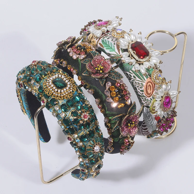 Фото Женские широкие повязки на голову Craft Стразы в стиле барокко, модная Роскошная эластичная повязка для волос для вечеринки, аксессуары для во... №1