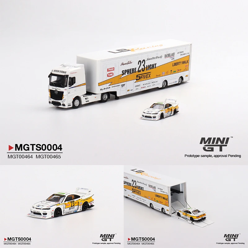 

Комплект гоночного транспортера MINI GT 1:64 LBWK Actros S15 SILVIA для презентации, модель автомобиля из сплава