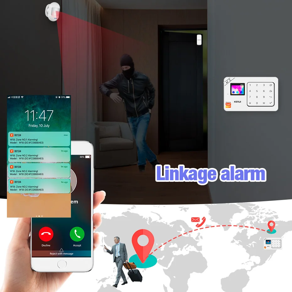 Фото KERUI WiFi GSM комплект противоугонной сигнализации для дома, беспроводная охранная сигнализация Tuya Smart Life App, защита безопасности Alexa W181 №5