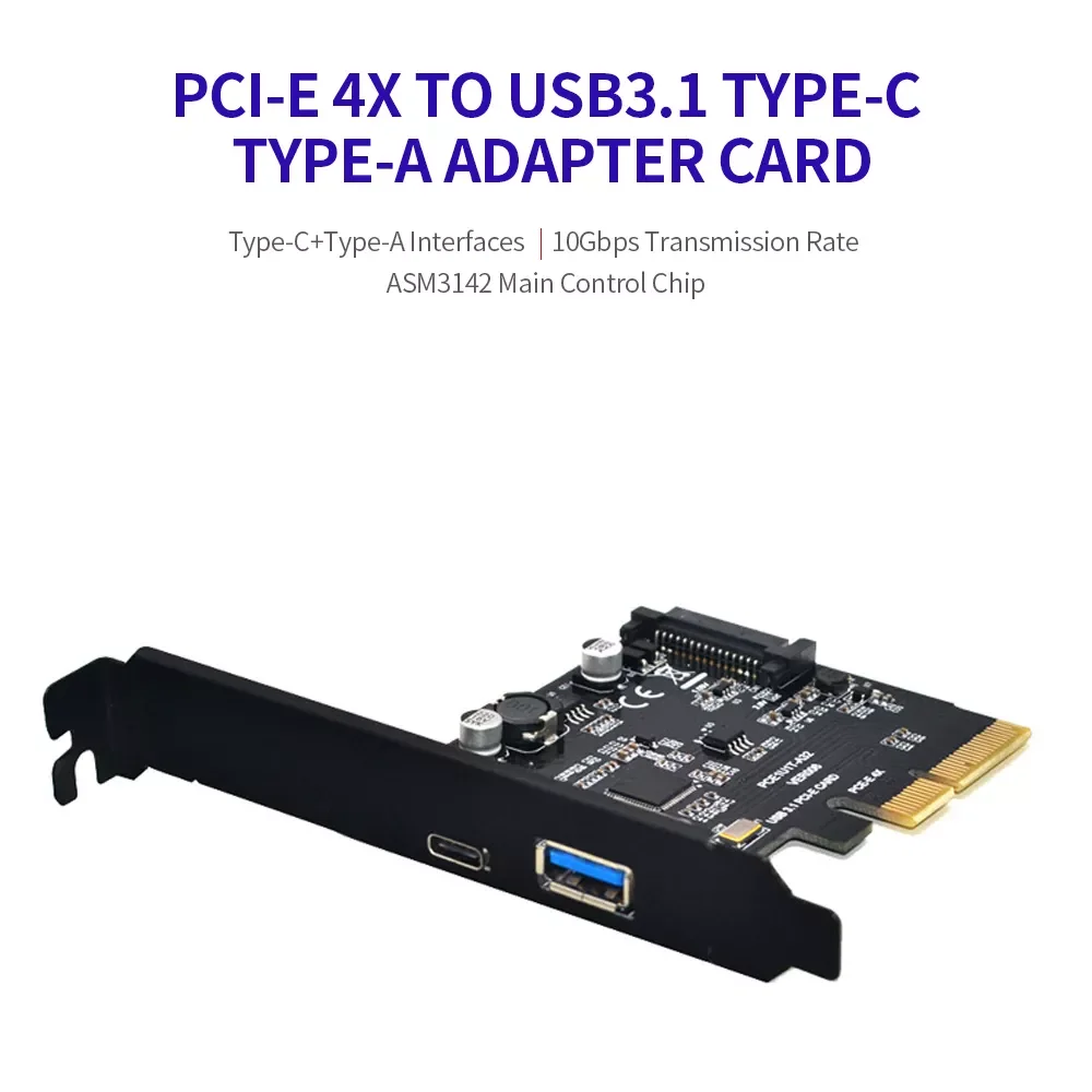 

USB3.1 Expansion Card PCI-E x4 to Type-C Type-A Adapter Card Converter Card 10Gbps Transmission Rate ASM3142 Main Control Chip