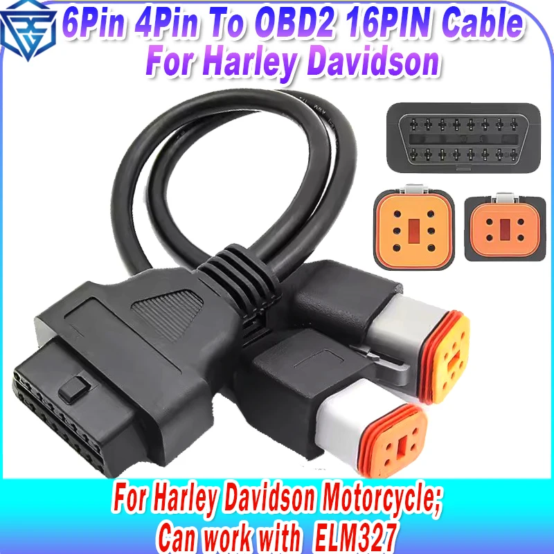 

Для мотоцикла Harley Davidson 6Pin 4Pin к OBD2 16PIN, подходит для ELM327 OBD 2, адаптер диагностического сканера, инструмент, удлинитель «два в одном»