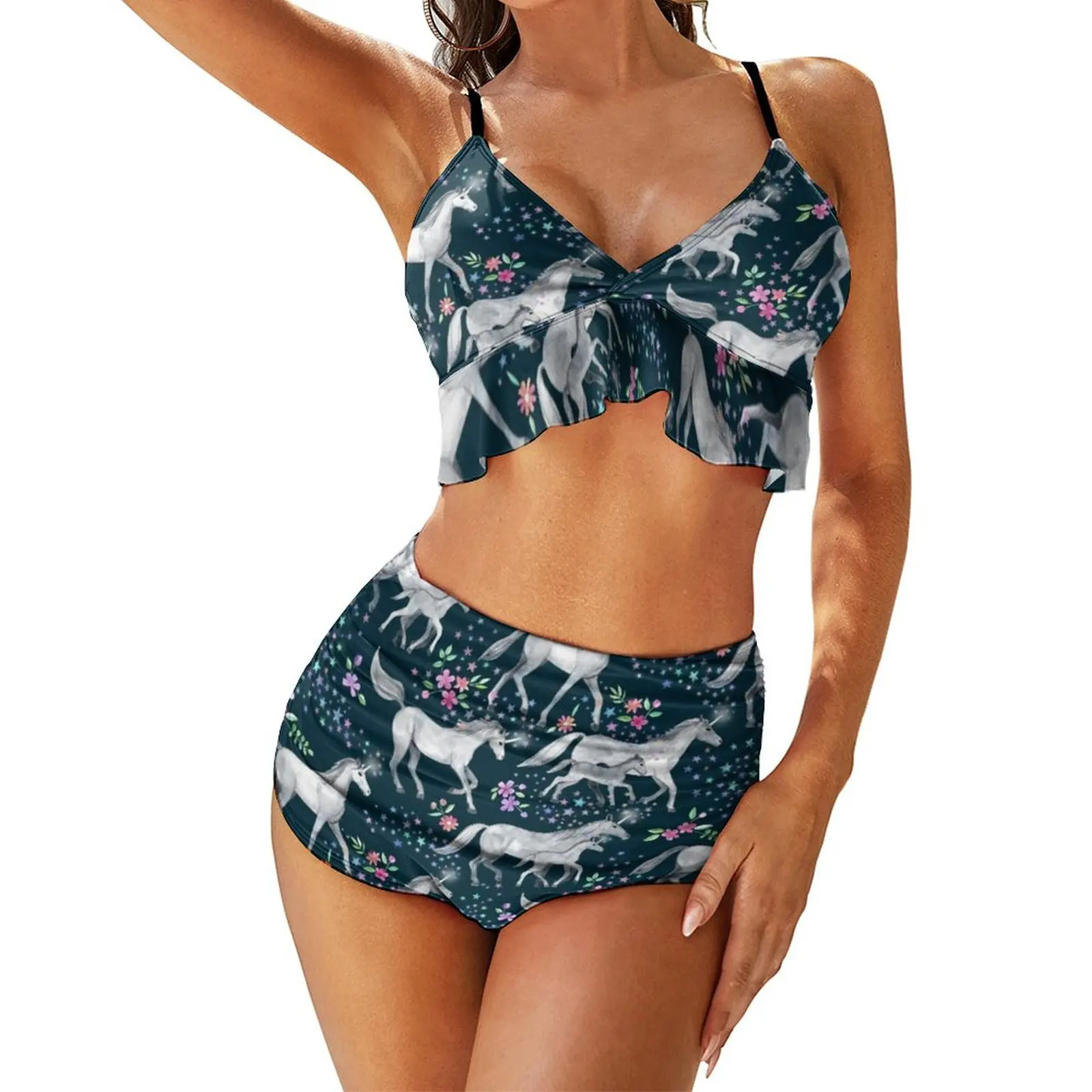 

Сексуальная Белая лошадь купальник, бикини с принтом единороги и купальник со звездами Высокая талия Kawaii бикини набор пуш-ап купальники пляжные наряды