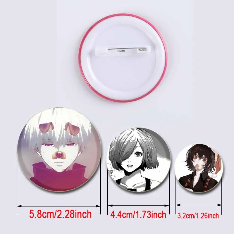 Фото Anime Figures Ken Kaneki/Touka Kirishima/Rize Kamishiro Badge Tinplate Pins Handmade Brooches for Backpack Clothes Decoration №2