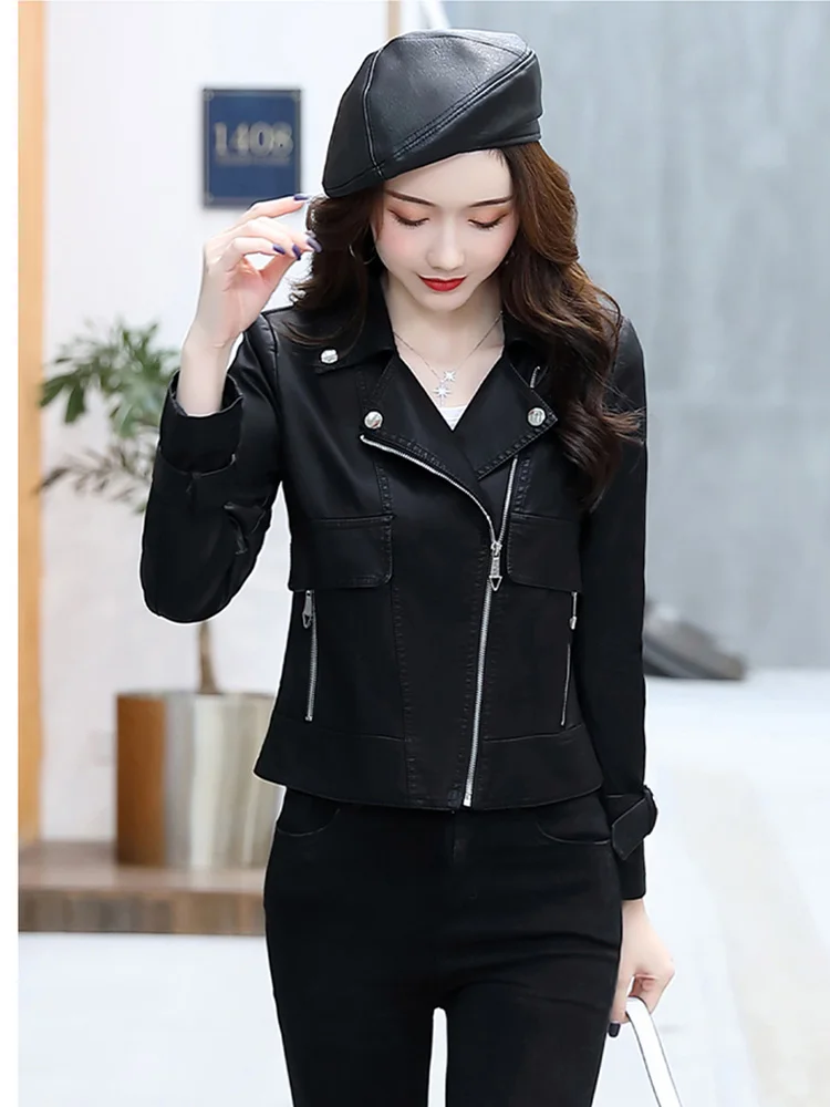 New Bright Beautiful Leather Jacket Spring Autumn Fashion Turn-down Collar Slim Short Leather Coat Classic Chic Outerwear