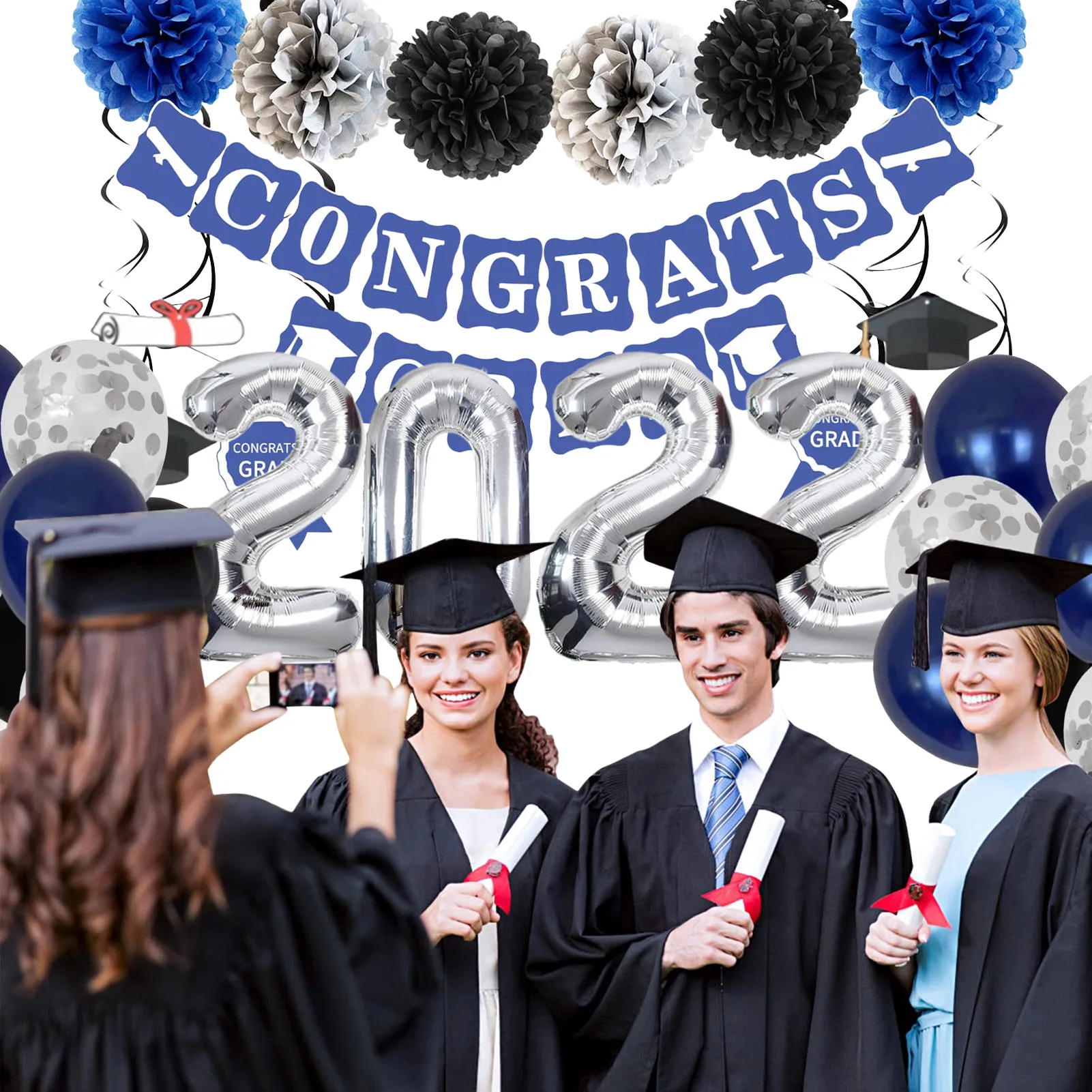 

Украшения для Выпускной вечеринки 2022, синие и серебряные украшения для Выпускной вечеринки, градиентный баннер для колледжа, старшей школы