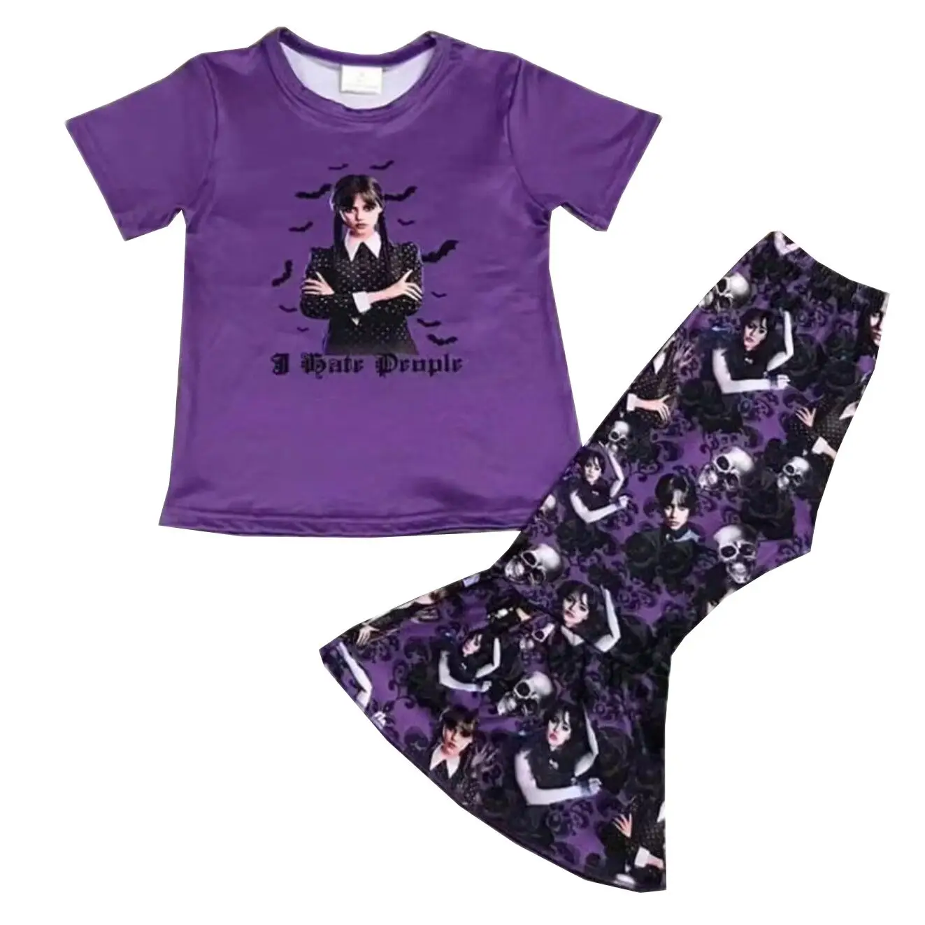 

Wednesday Boutique Fashion Kids Clothes Girls Purple Printed Top Flared Pants Set Available Wholesale