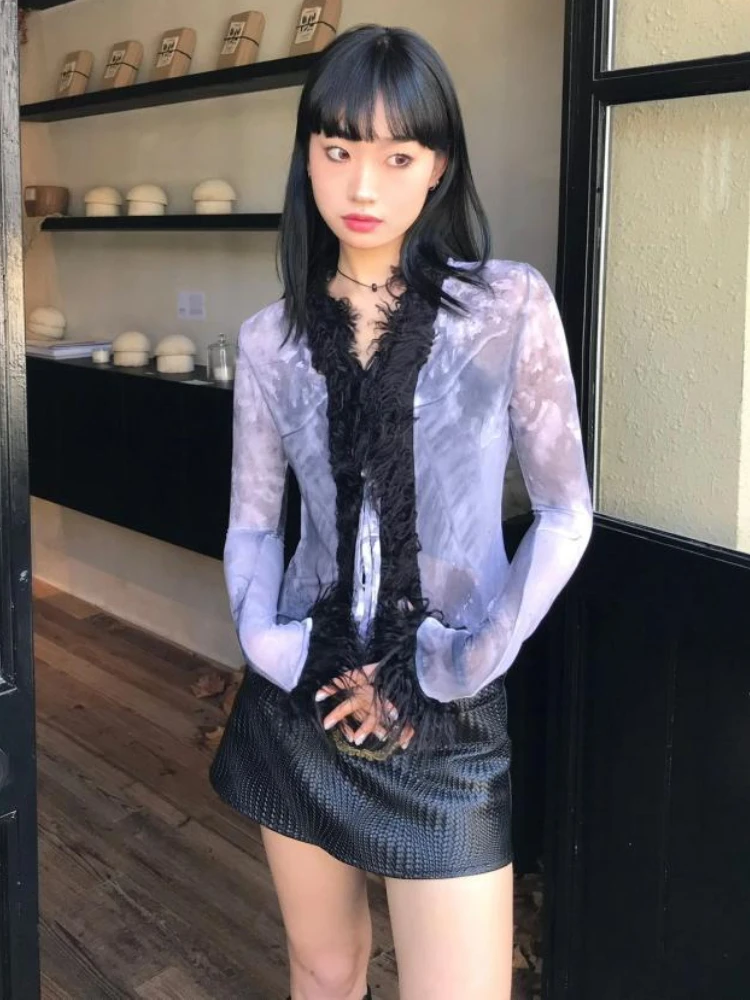 Y2k эстетические Лоскутные пушистые бандажные кардиганы Модные Винтажные