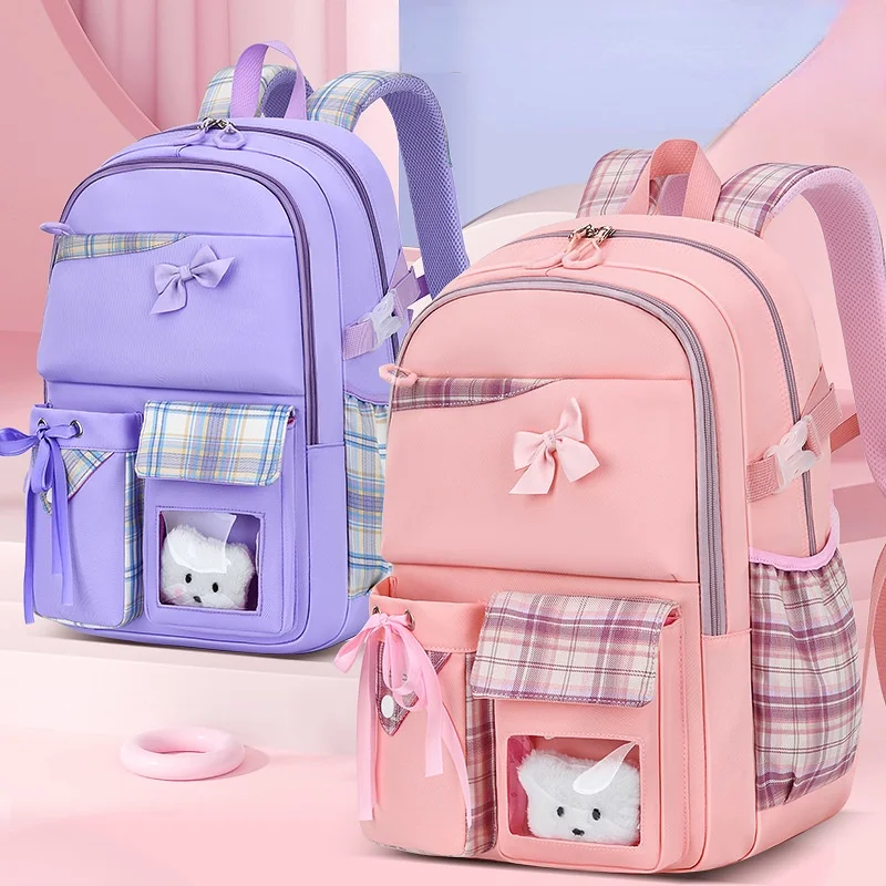 Grade 1-6-9 Primary Secondary School Students Leisure Lattice Backpacks New Girl Bow Bear Simple Silk Ribbon Bags All-match Hot