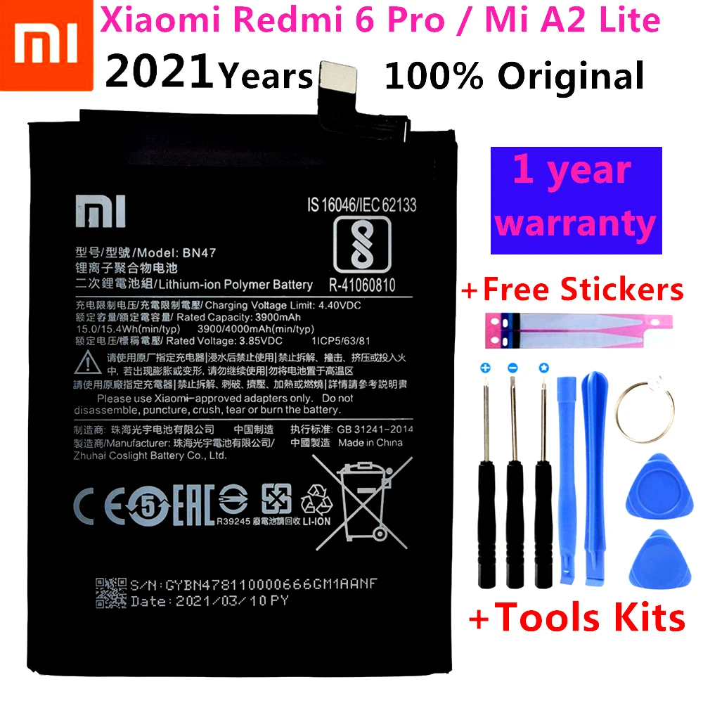 

100% New Original Real 4000mAh BN47 Battery with glue sticker For Xiaomi Redmi 6 Pro 6Pro / For Xiaomi Mi A2 Lite Battery +Tools