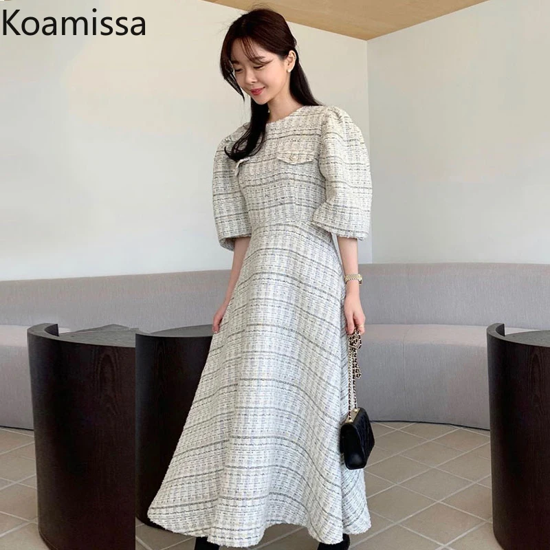 Koamissa Sweet Women Plaid Maxi Dress Short Sleeves O Neck Chic Korean Dresses Female Office Lady Eleagnt A Line Vestidos 2022