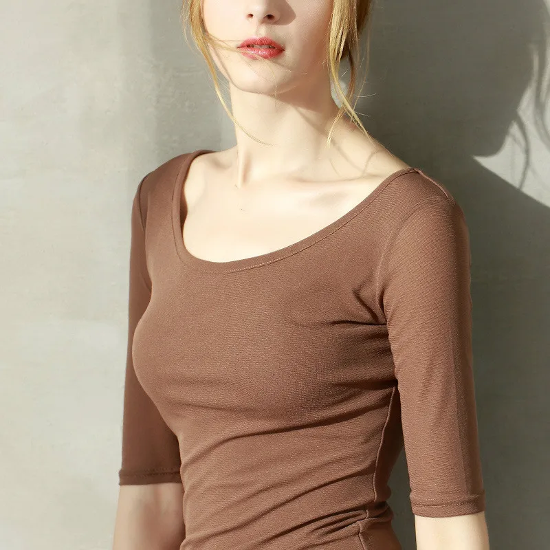 

Женская футболка с коротким рукавом, Женская Базовая футболка, коричневая однотонная сетчатая нижняя рубашка, Женская Повседневная облега...