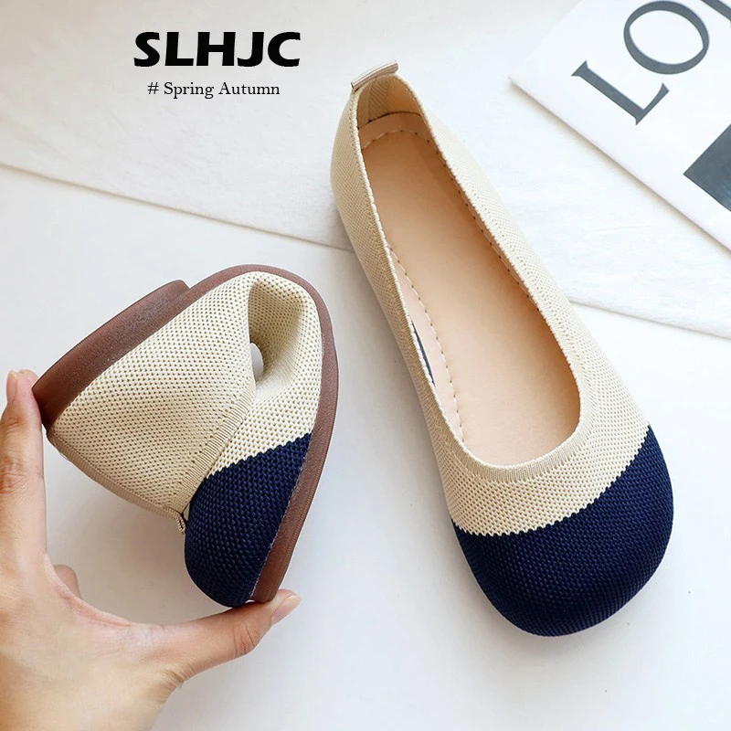 

SLHJC Newest Arrival Flats Holiday Shoes Square Toe Knit Loafers Patchwork Casual Sneakers Flat Heel Female Shoes