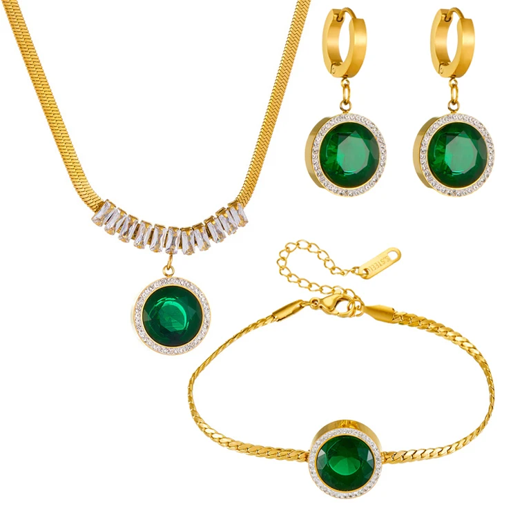 Ожерелье и серьги из нержавеющей стали с изумрудом