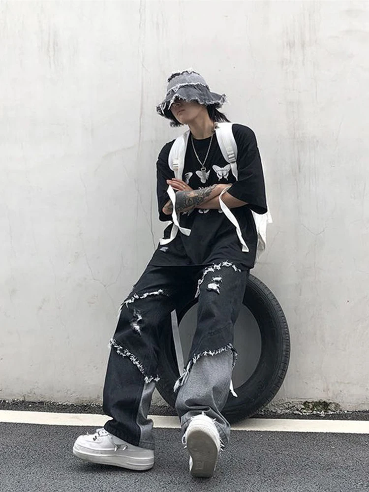 Four Seasons Men Jeans Brand Clothing Fashion High Street Tassel Stitching Raw Edge Design Hip Hop Streetwear Ins Hot Sale JEANS