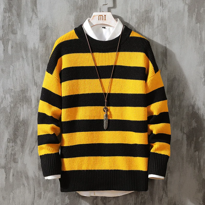 

Men's Striped Sweaters Streetwear Winter Warm Slim Sweater Men Casual O-Neck Pullovers 2021 Fashion Hip Hop Knitted Sweater Mens