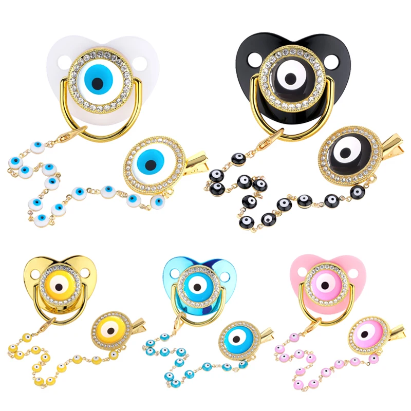

Luxury Baby Pacifier Bling Pacifiers Clip Pacifier Chain BPA Free Silicone Evil Eyes Infant Nipple Newborn Dummy Soother Chupete