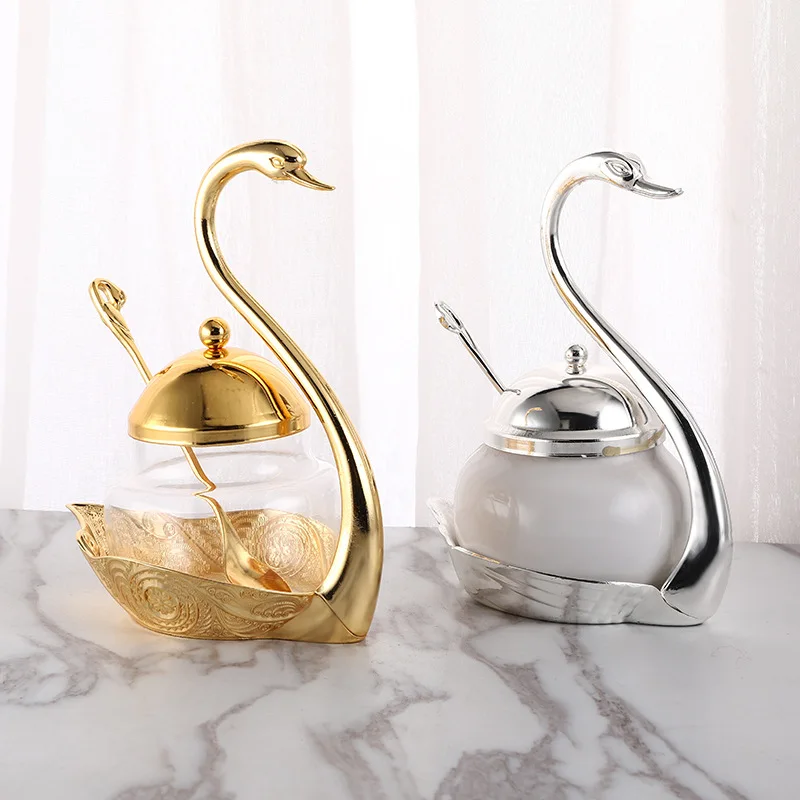 

European-style Alloy Swan Seasoning Pot Sugar Cup Seasoning Bottle Home Hotel Zinc Alloy Glass Seasoning Box Kitchen Supplies