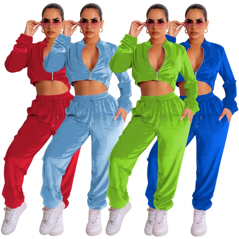 

Velvet 2pcs Set Women Autumn Winter Long Sleeve Deep V Zipper Neck Sweatshirts Top And Casual Sweatpants Sporty Joggers Suit