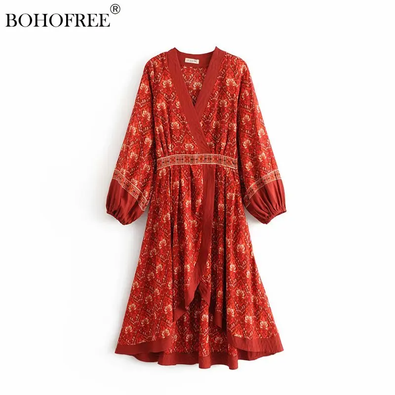 

Женское платье с цветочным принтом, длинным рукавом и V-образным вырезом