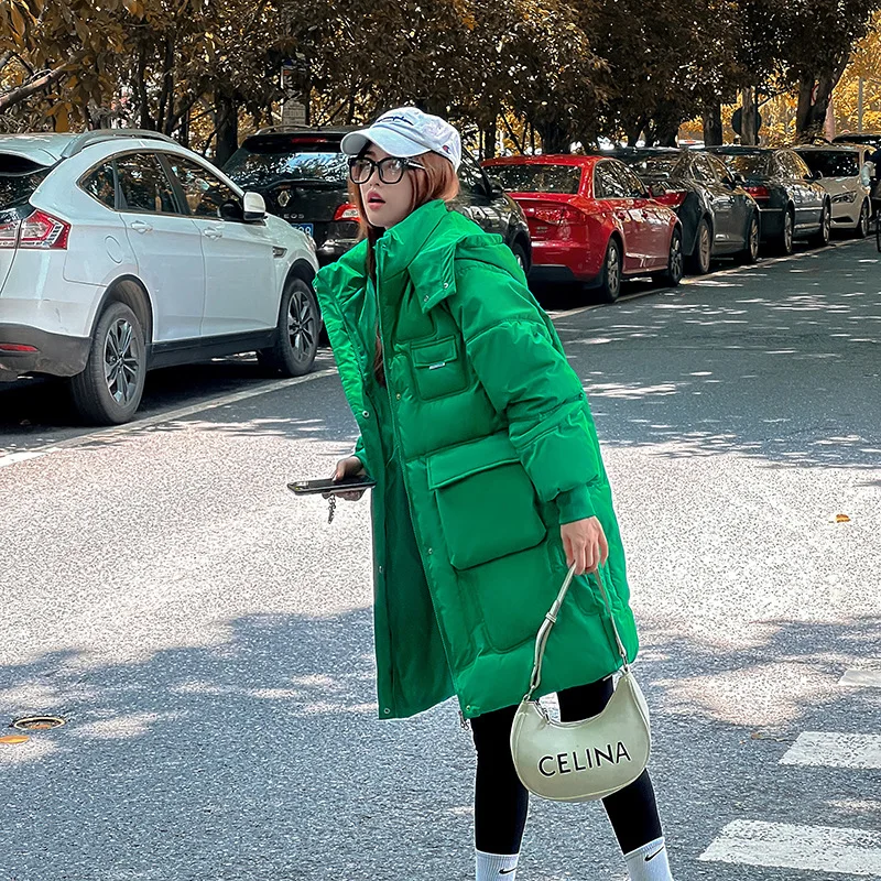 Long solid color school to  women's autumn  winter 2022 Korean fashion loose hooded padded parkas cotton-padded jacket coat