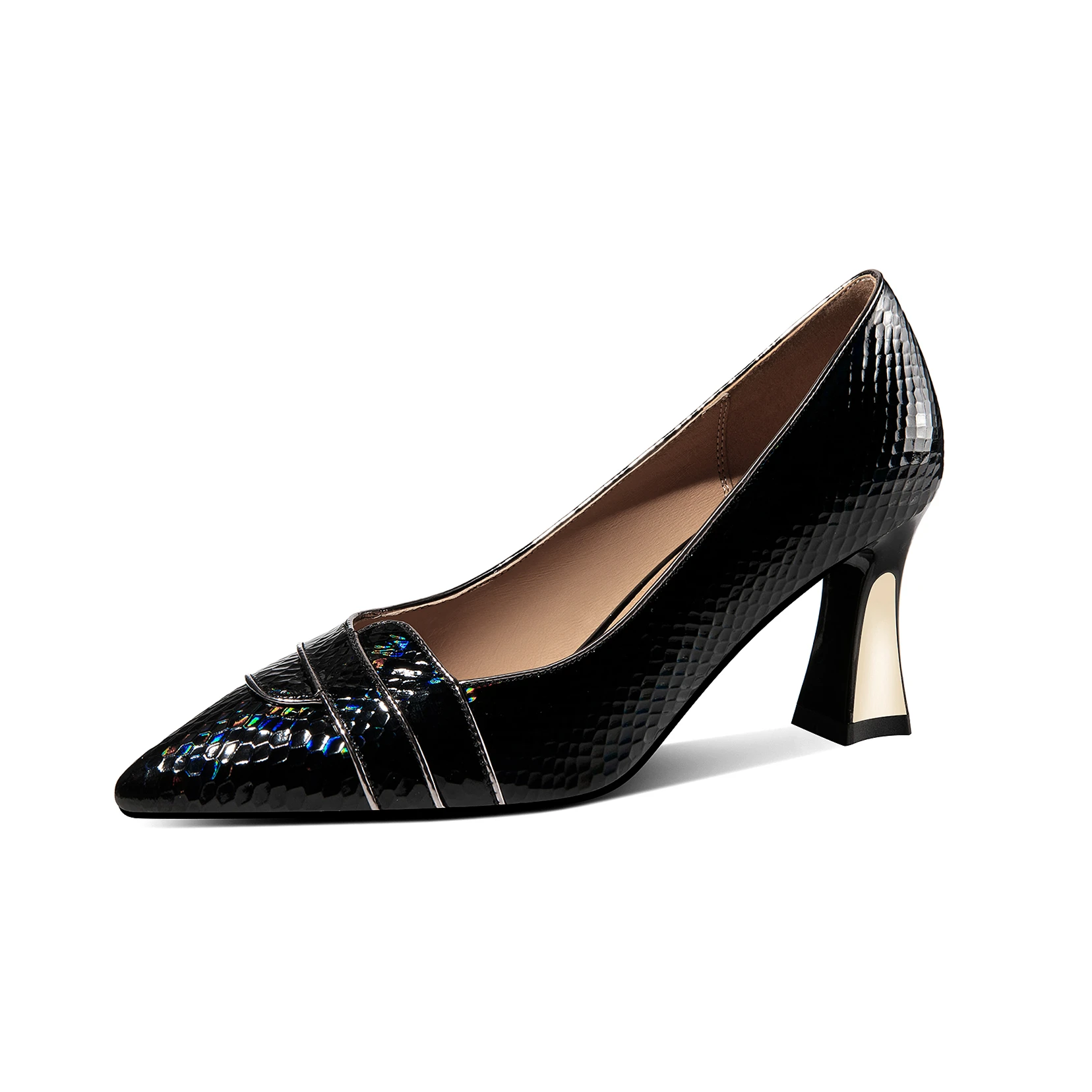 

Mstyle Snakeskin Patent Leather Pumps for Women Elegant Pointed Toe High Spool Heel Handmade Black Beige Ladies Heeled Shoes