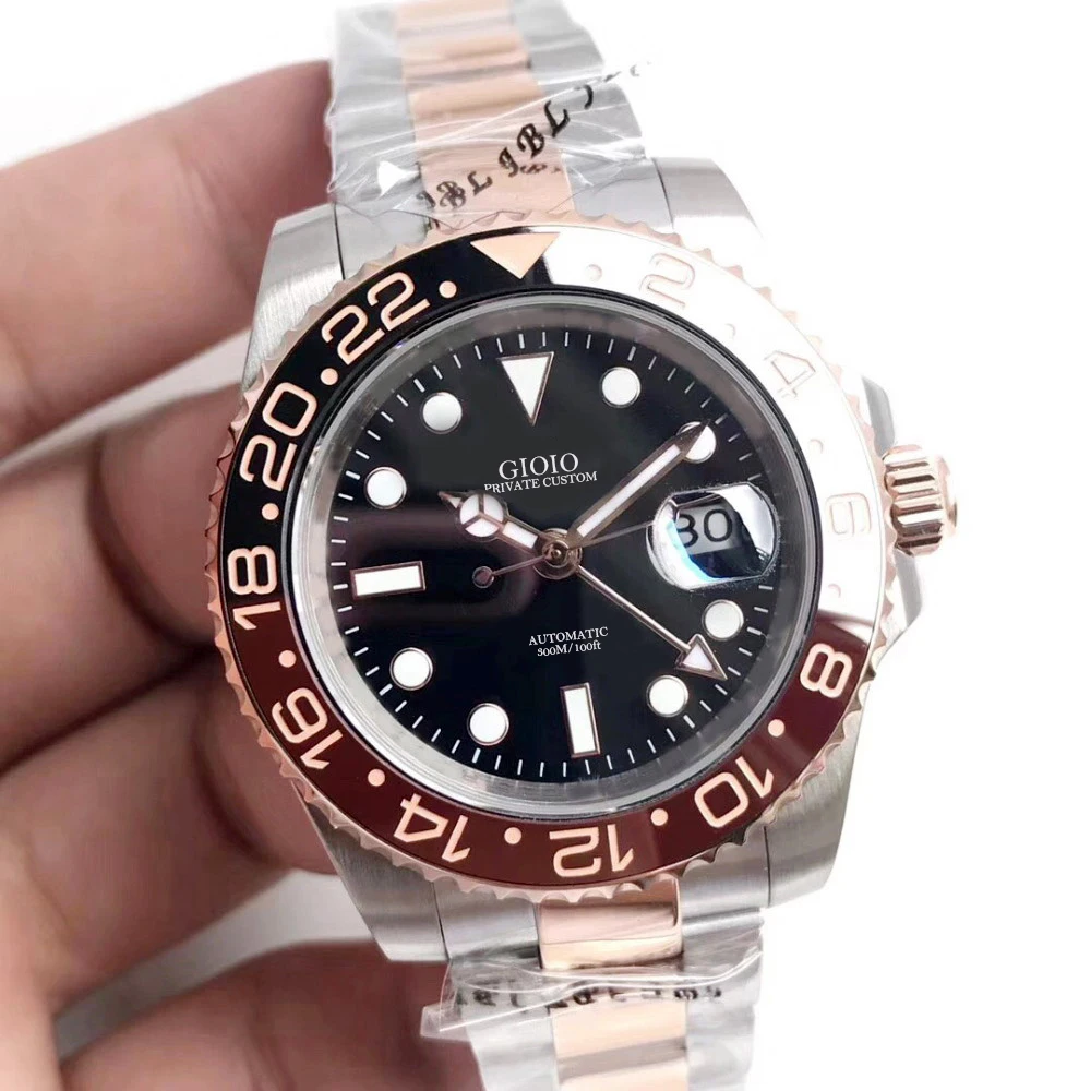 

Luxury Men Automatic Mechanical GMT Watch Rose Gold Stainless Steel Sapphire Black Blue Ceramic Bezel