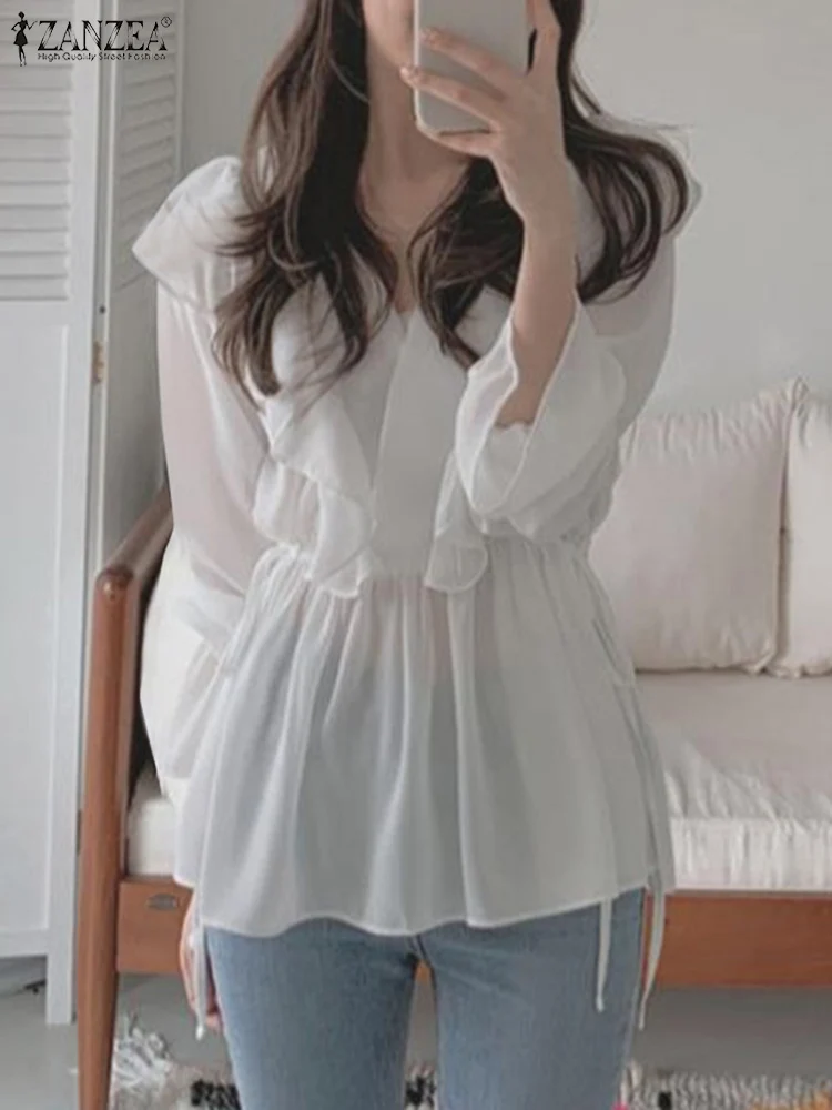 

ZANZEA Spring Women Blouse Long Sleeve Female Thin V-Neck Solid Color Holiday Blusas Femininas Tops Casual Elegant Chemise 2022