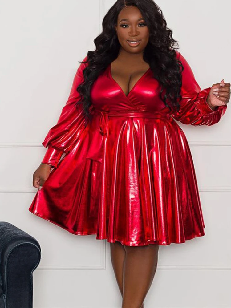 

Red V Neck Dresses Plus Size 4XL 5XL Long Sleeve High Wais Women Casual Evening Cocktail Party Wear Gowns Drop Shipping 2022
