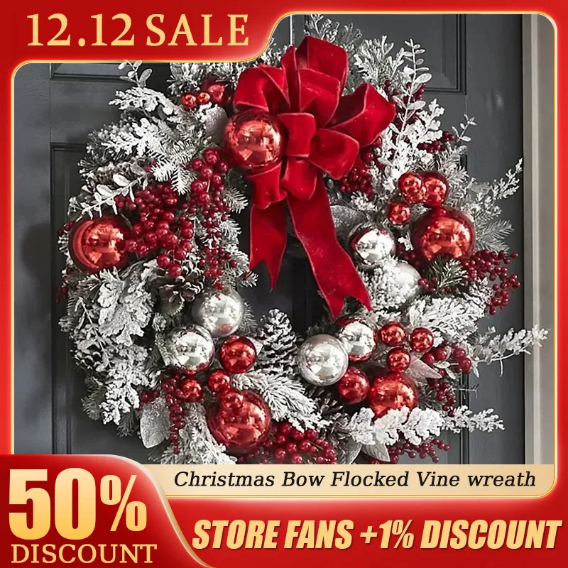 

Red Christmas Bows Flocking Rattan Garland New Year Home Indoor Outdoor Door Wall Decorations Holiday Decorations Handmade Craft