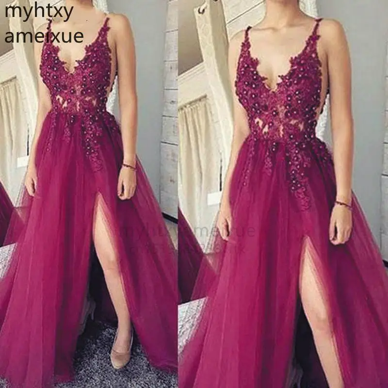 

Hot Superkimjo Burgundy Plus Size Prom Dresses 2022 V Neck Lace Applique Beaded Sexy Long Evening With Side Slit Robe De Soiree