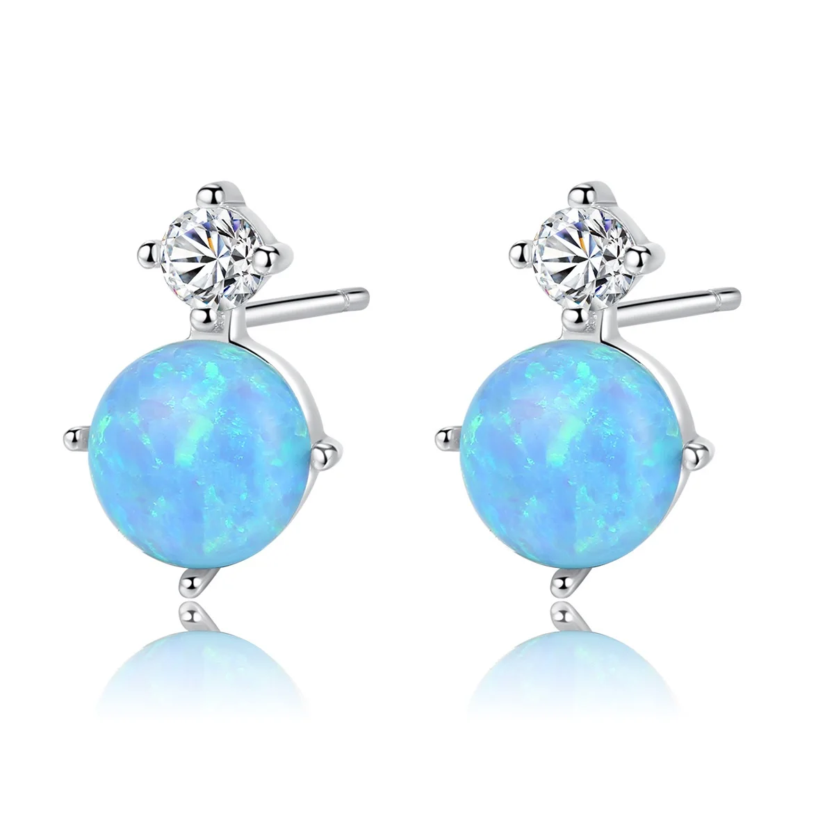 

Luxury Fashion Blue Opal Stud Earrings 925 Sterling Silver For Women 2022 Round Cut Birthstone Stud Earrings Gift for Girls