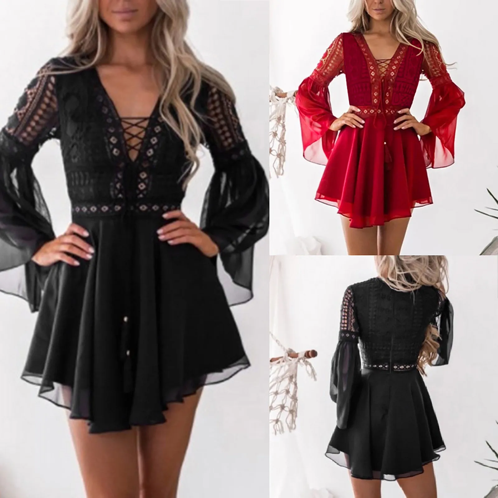 

Women Lace Bodycon Cocktail Party Dress Boho Female Bandage Dresses Ladies Sexy Party Long Sleeve Dress vestidos mujer verano