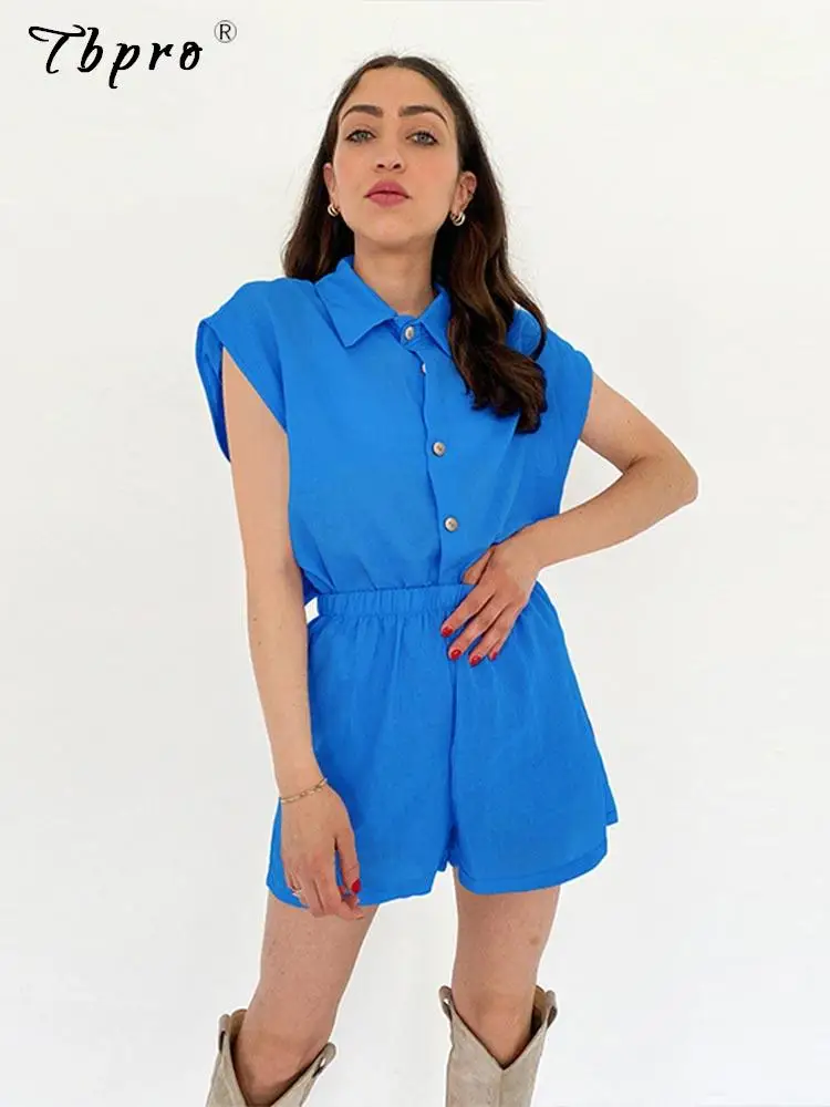 

Summer Women Solid Casual 2 Pieces Sets Sexy Sleeveless Button Tops+Elastic Waist Shorts Suits Fashion Female Elegant Outfits