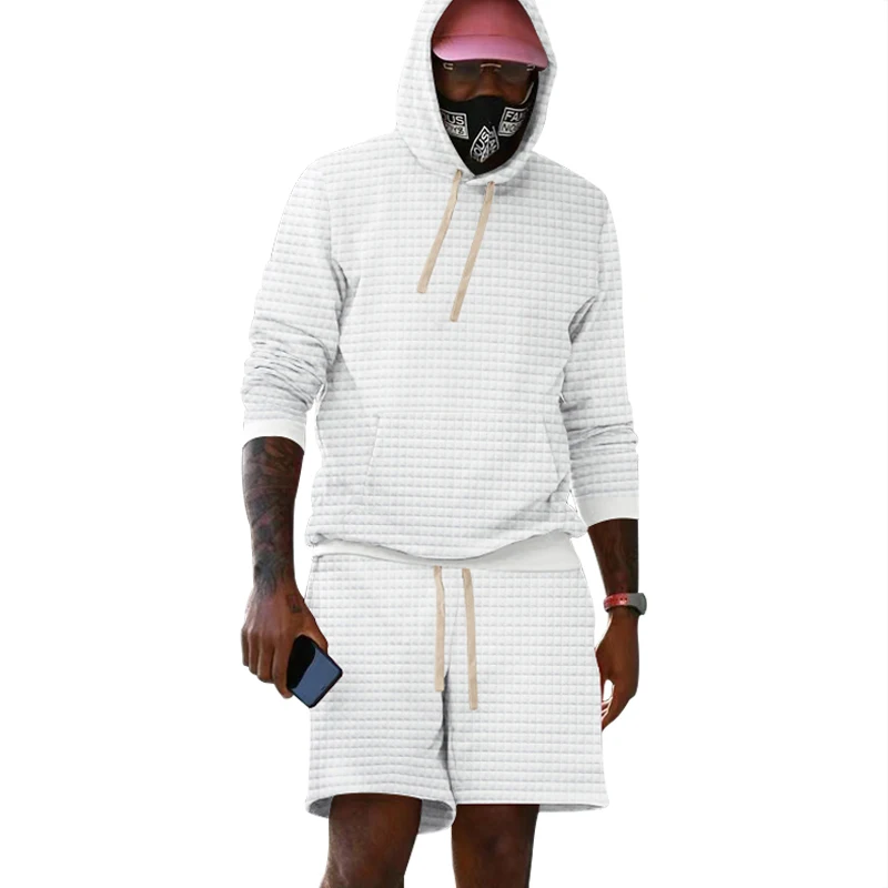 2023 Cross border Men's Loose Solid Hooded Set Loose Sports Casual Checkered Long Sleeve Drawstring Shorts Set