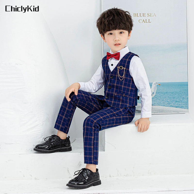 

Boy Plaid Vest Tuxedos Kids Suit Waistcoat Wedding Clothes Sets Toddler Formal Dress Child Tie Shirt Pant Baby Gentlemen Outfits