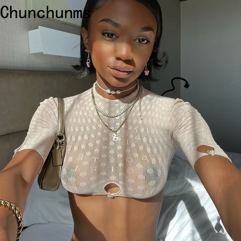 

Women Dots Sheer Vest Crop T-shirt Mesh Sexy Short Perspective Tank Tops Club 2022 Summer Slim Short Sleeve Y2K Blouse Wholesale