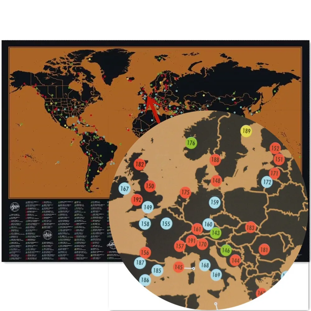 Фото Карта приключений Deluxe Scratch Adventure Mapps размером 59x83 см, включающая более 300 захватывающих событий из списка желаний, настенное украшение для дома. №2