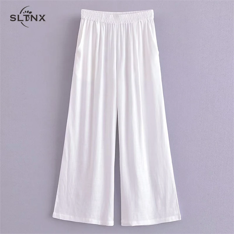 

Модные льняные женские брюки SLTNX, лето 2023, женские широкие брюки с высокой талией, женские шикарные Элегантные повседневные свободные брюки