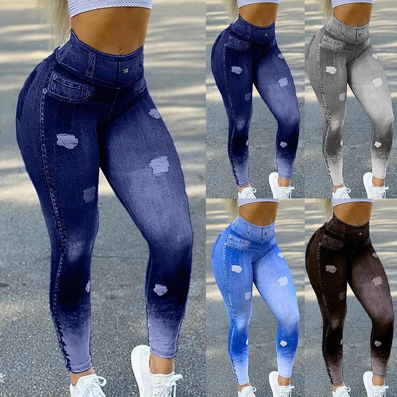 

Новинка 2023, женские бесшовные облегающие брюки-карандаш из искусственной джинсовой ткани с высокой талией, женские леггинсы для тренировок и бега, Прямая поставка