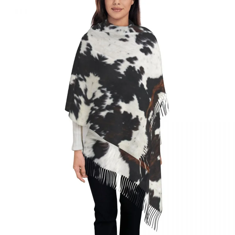 

Luxury Cowhide Leather Texture Tassel Scarf Women Winter Fall Warm Shawls Wraps Lady Animal Fur Scarves
