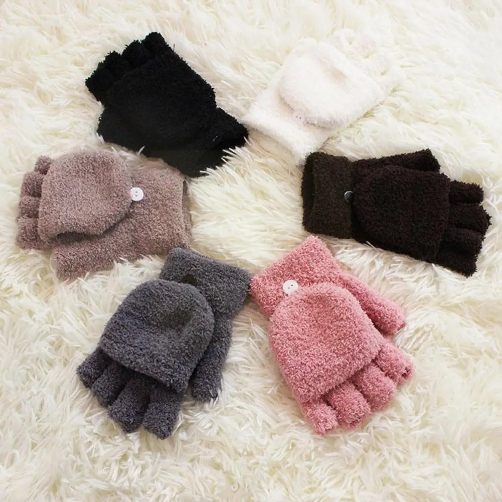 

1 Pair Men Women Stylish Winter Soft Coral Fleece Flip Cover Thicken Half Gloves Warmer Mittens Plush Finger P7N9
