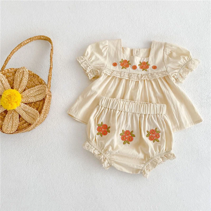

2022 Fashion Vintage Summer Baby Girl Clothes Embroidery Flowers Dress Top + Bottom Shorts 2Pcs Baby Toddler Girl Set